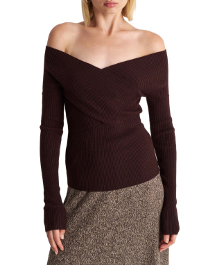 ΓΥΝΑΙΚΕΙΑ ΠΛΕΚΤΗ ΜΑΚΡΥΜΑΝΙΚΗ ΜΠΛΟΥΖΑ OFF-SHOULDER | Καφέ BROWN S
