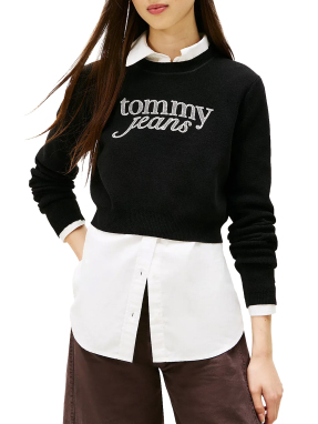 TJW CROP CHENILLE SCRIPT SWEATER | Μαύρο S